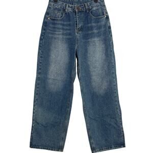 Evis Vintage Straight Wide Leg Mid Rise Full Length Casual Denim Jean Zip 8 Blue